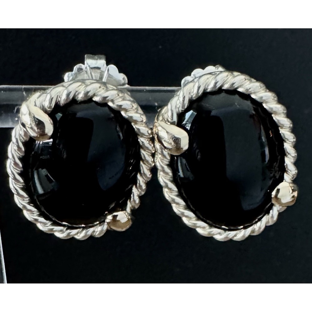 Kabana KBN Black Onyx Earrings 925 Sterling 14K Gold Rope Oval Heavy